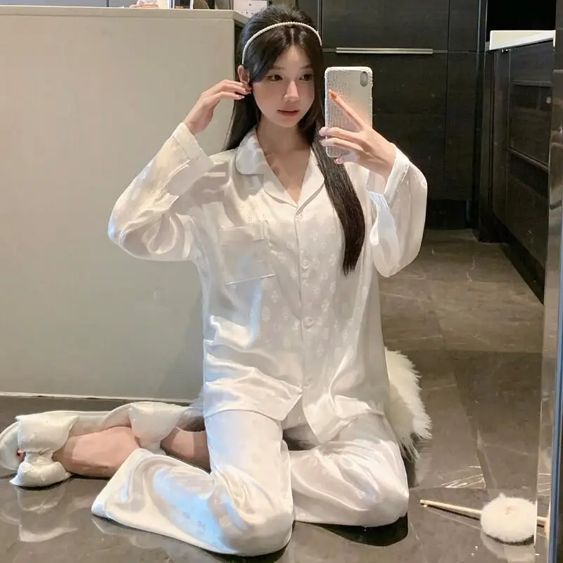 

Жаккардовая роскошная верхняя одежда с длинными рукавами, сексуальный пижамный комплект, корейская высококачественная пижама из ледяного шелка для женщин, осенний спортивный костюм, женский