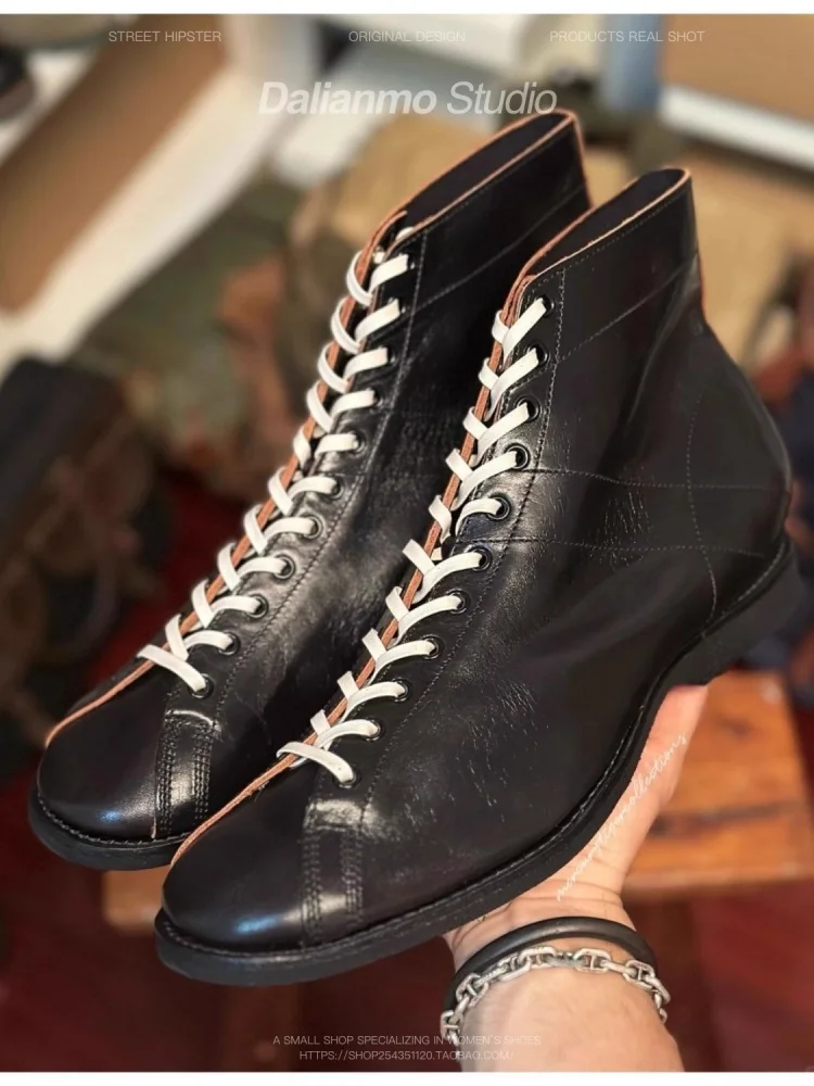 

Retro American Lace Up High Top Shoes Boxing Boots Men's Leather Canvas Flat Bottomed Casual Sports Shoes Khaki Green Black