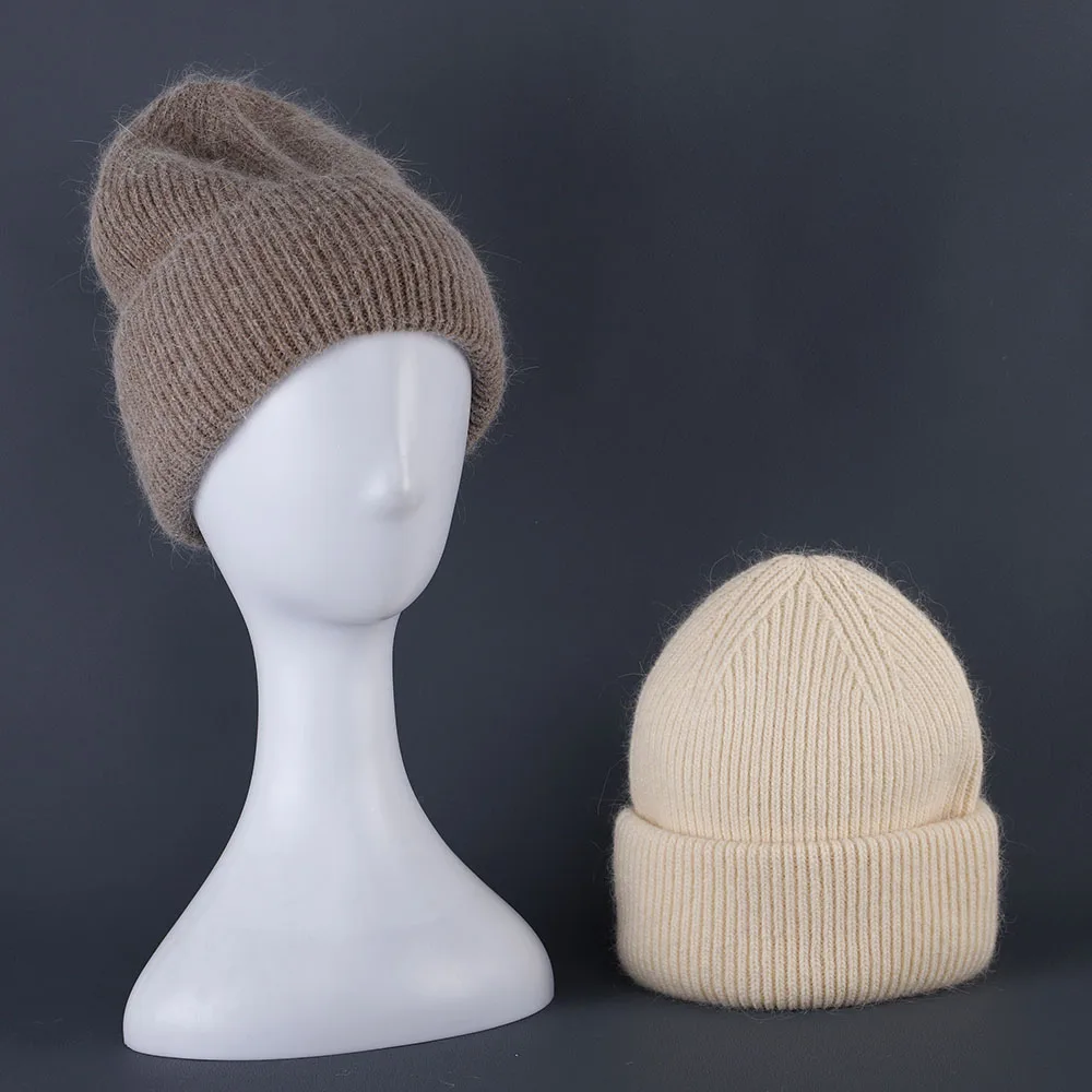 2024 Kaninchen Fell Mützen Weiche Warme Flauschige Winter Hut für Frauen Angora Gestrickte Hut Skullies Beanies Weibliche Motorhaube Frau Stricken Kappe – Detail 6