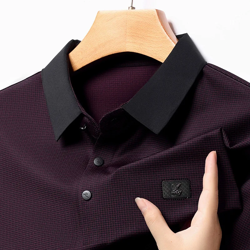 Spring and Autumn Men's Polo Collar Pullover Button Solid Plaid Stripe Long Sleeve T-shirt Fashion Casual Holiday Underlay Tops