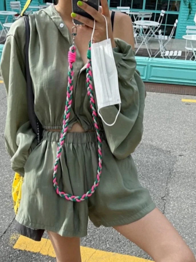 Conjunto F de Top com Manga Lanterninha e Calças Curtas de Perna Larga, Estilo Solto, Cintura Elástica, Versátil para ...