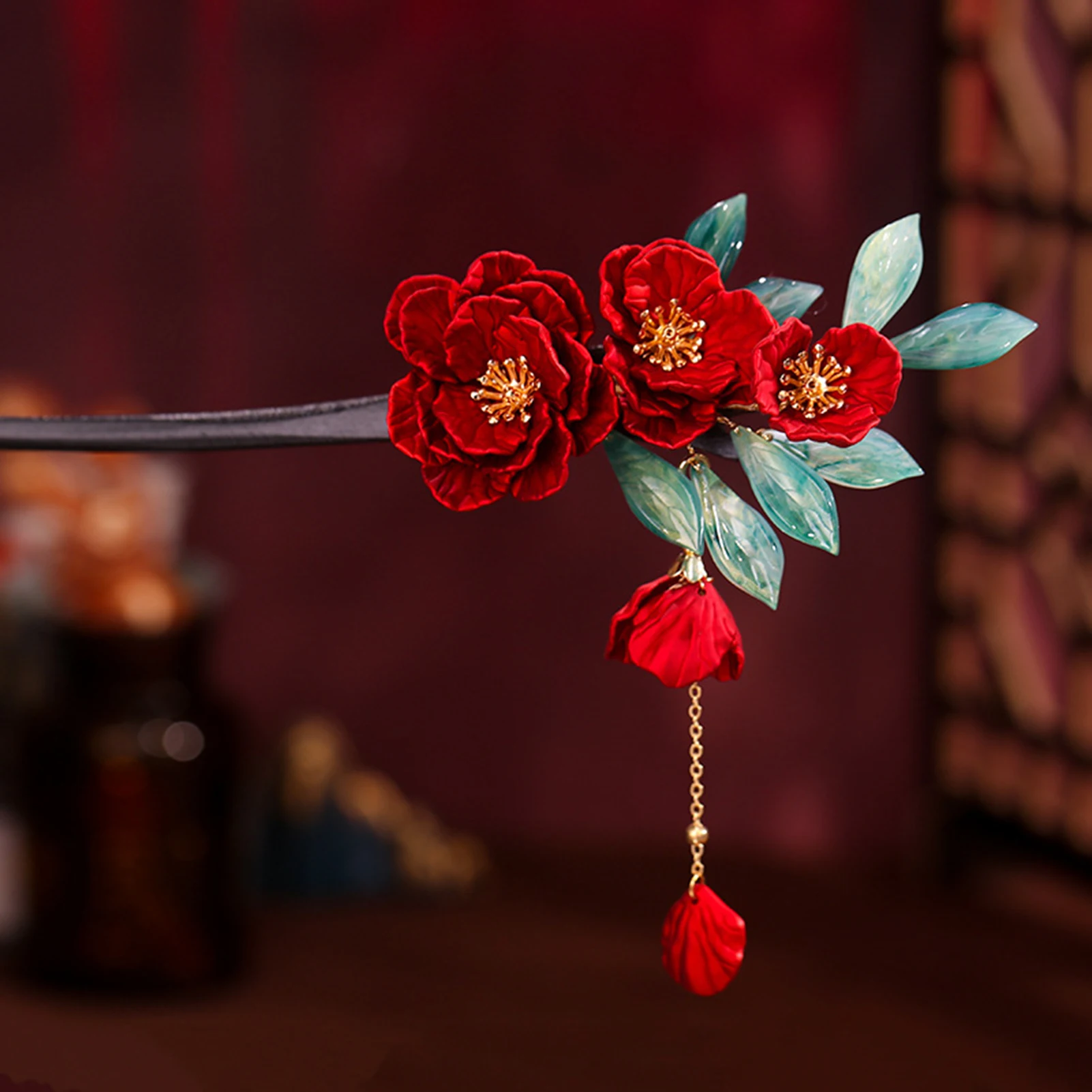 New Chinese Style Red Flower Hair Sticks Forks Wooden Handmade Floral Hair Clips Pendant Hair Jewelry for Women and Girls