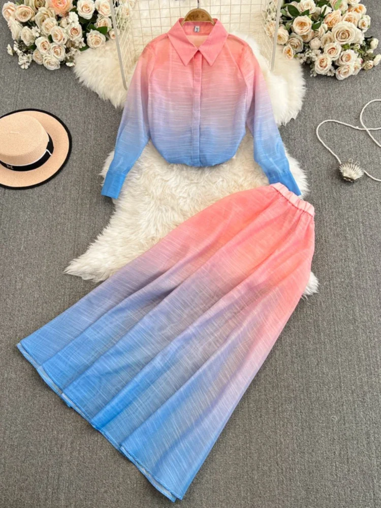

Women Casual Elegant Beach Party Set Summer Long Sleeve Shirt Top High Waist Slim A-line Skirt Gradient Color Skirt for Women