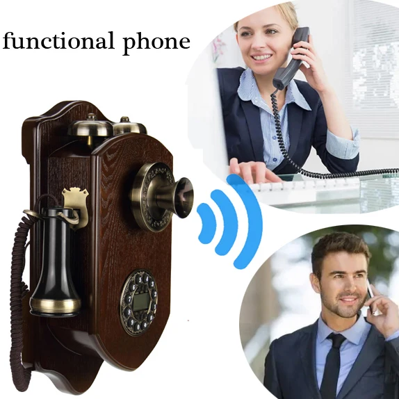 Retro Wall Mounted Fixed Telephone Corded Landline Phone Antique Home Hotel antique saloon decoration wood mechanical ringtone