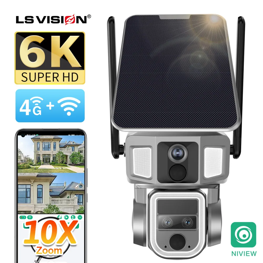 LS VISION 6K UHD 4G/WiFi 2 In 1 Dual Screen Solar Camera Outdoor Three Lens 10X Optical Zoom Human Auto Tracking Security Camera