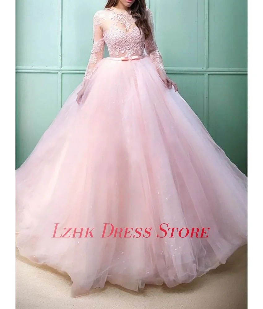 Personalizado sexy organza a linha apliques lantejoulas arco 3d vestido de noite delicado tripulação pescoço mangas compridas فسات evimavera