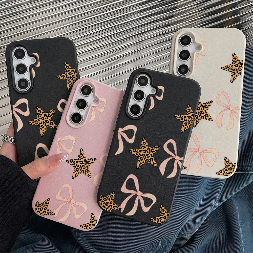 Phone Case for Samsung Galaxy S26 S25 S23 Ultra S24 FE A57 A56 A55 5G A07 A06 4G Leopard Star Bow Kawaii Viral Anti-drop Cover