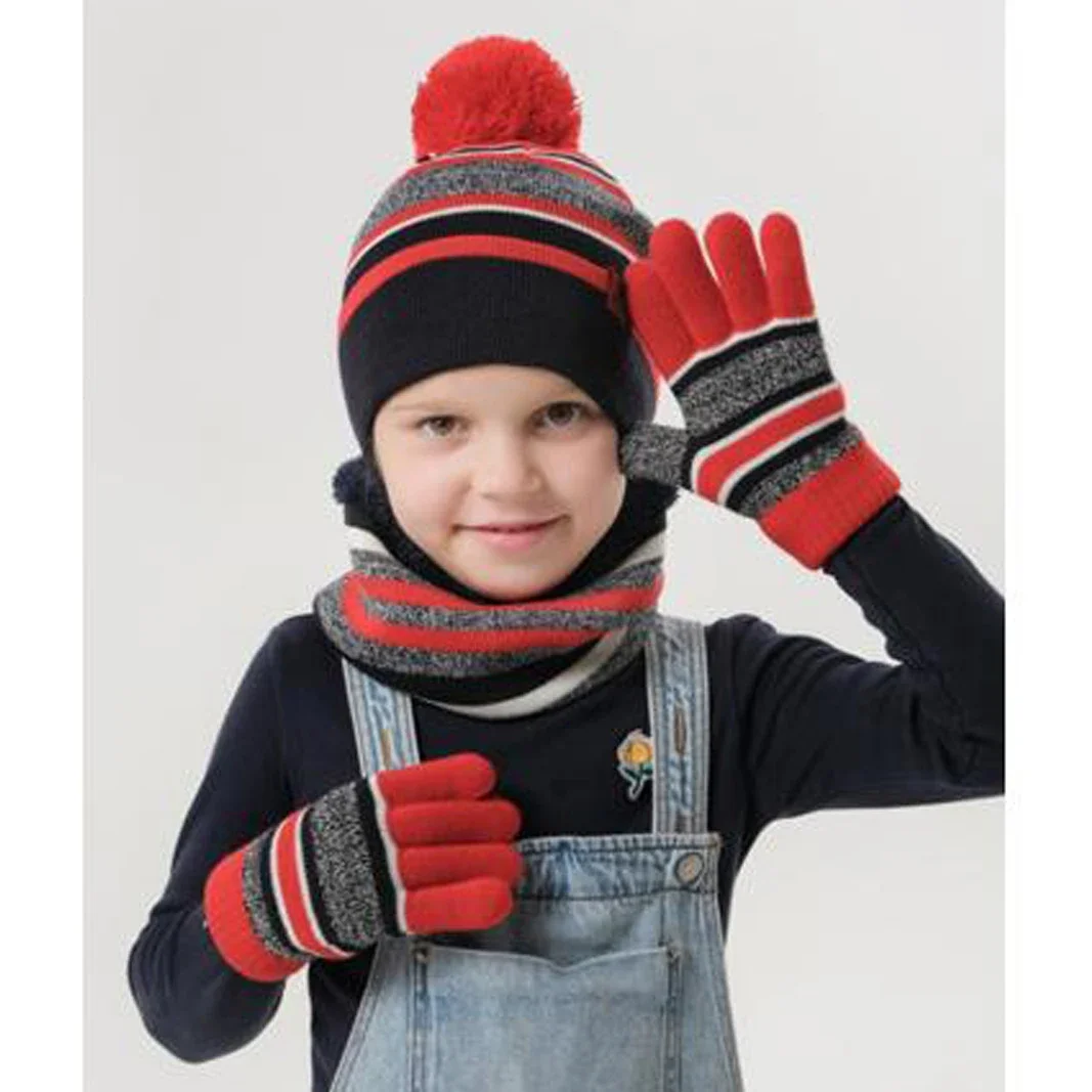 Kids Pompom Winter Beanie Hat Scarf Gloves Set Striped Knitted Boys Girls Fleece Lined Hat Children's Snood Cap 3pcs