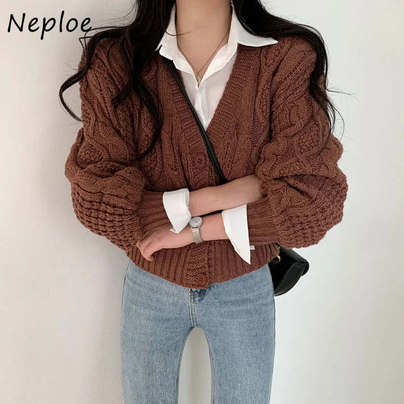 Neploe Loose Lantern Sleeve Twist Sweater Coat Female Autumn 2024 Korean Style Chic Knitted Cardigan Woman V-neck Short Sweater