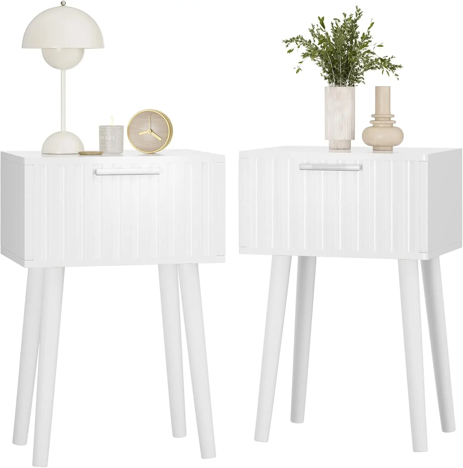 

Modern Fluted Nightstand Set of 2 with Drawer, Solid Wood Legs, White for Bedroom and Small Spaces