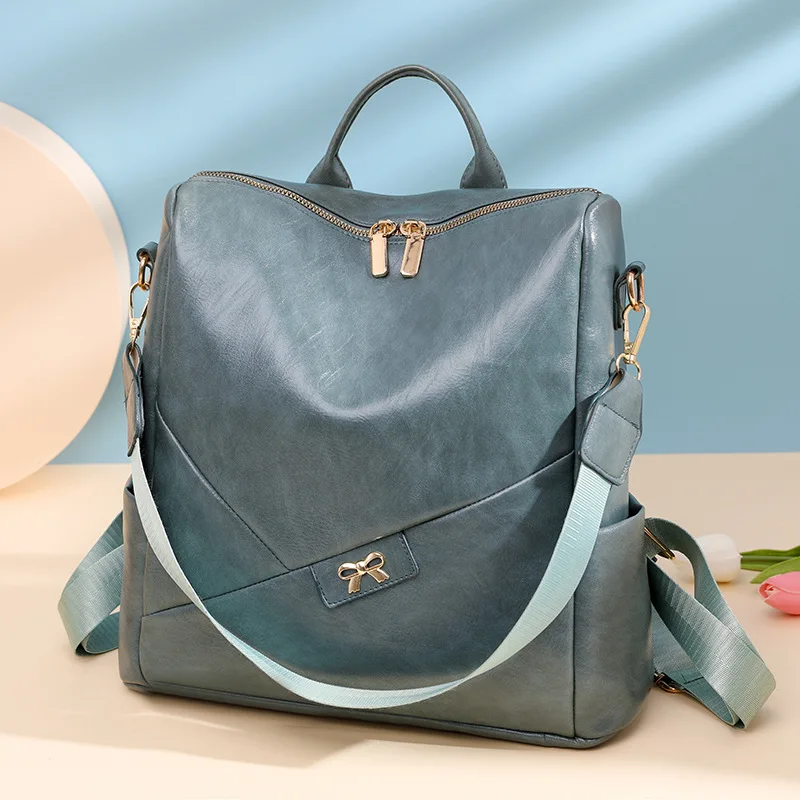 2022 Summer Casual Women's High Quality Student Girls School Bag Lady Travel Black Blue PU Leather Backpack