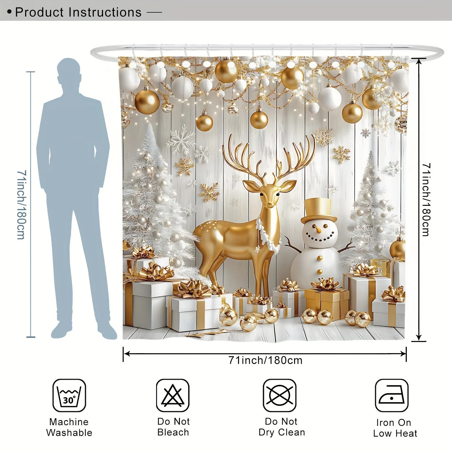 4Pcs Xmas Shower Set, Gold White Tree Deer Snowman Design, Holiday Bath Decor, 12 Hooks, Non-Slip Mat, U-Shaped Toilet Cover