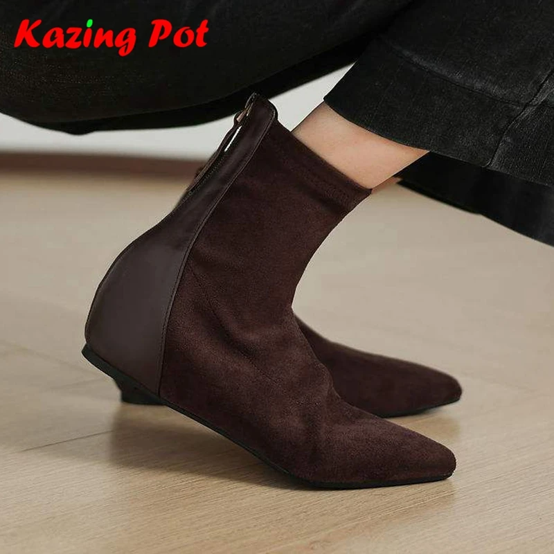 Krazing Pot Flock Pointed Toe Med Heel Modern Chelsea Boots Patch Work Warm Winter Shoes Street Wear Slip On Stretch Ankle Boots