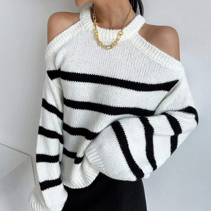 

Шикарные полосатые свитера с открытыми плечами, женская уличная одежда, свободный вязаный свитер с длинными рукавами, женский модный джемпер с круглым вырезом и вырезами