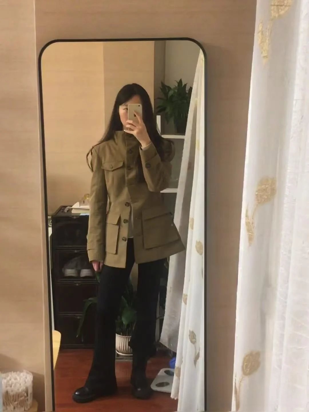 New Autumn Women's Long Sleeve Stand Collar Jacket Pocket Belt Decorated Workwear Style Polyester Fiber Non-Shrinkage