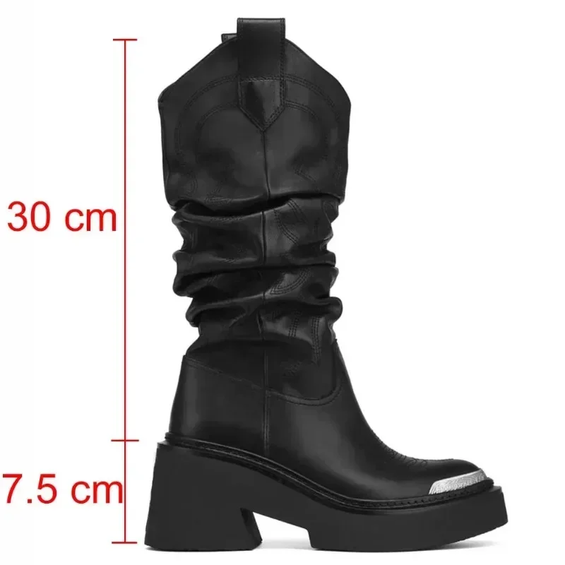 Luksusowa marka Motocyklowe damskie buty do łydki Platforma Chunky High Heels Goth Metal Punk Buty dla kobiet Zimowe wygodne buty designerskie