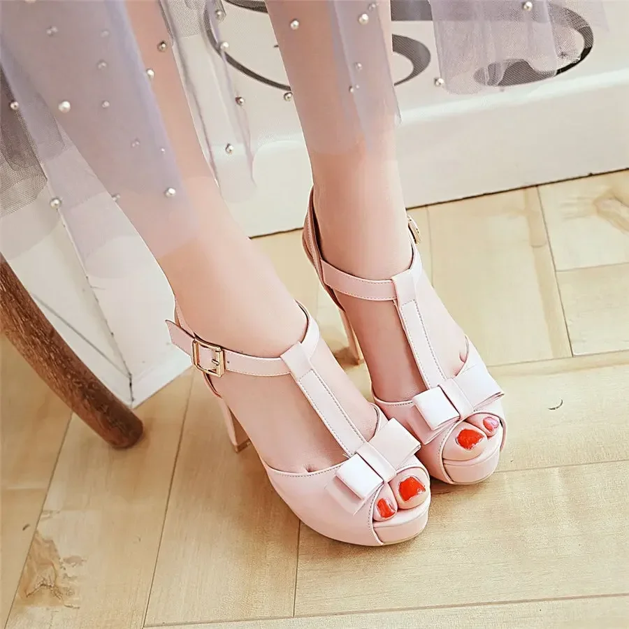 Bowtie Women Gladiator Sandals High Chunky Platform Heel Black White Pink Peep Toe Bridal Party Office Lady Summer T-strap Shoes - view 2