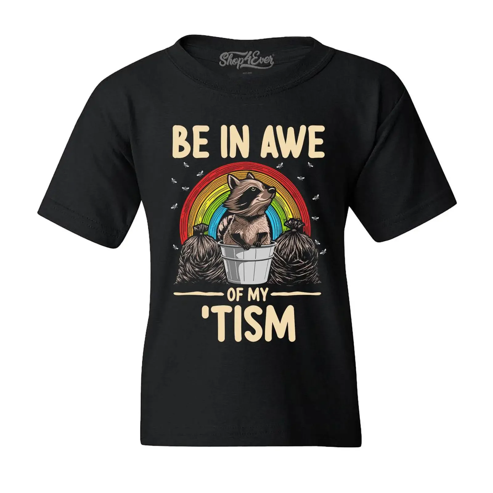 T-shirt Enfant « Be in Awe of My 'Tism' » – Motif Raton Laveur Arc-en-ciel Amusant, Sensibilisation à l'Autisme, Style Décontracté Vintage Délavé Streetwear Légèrement Usé