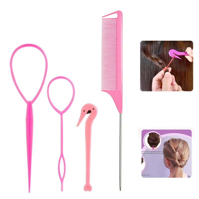 French Braid Tool Loop Elastic Hair Bands Remover Cutter Rat Tail Comb Metal Pin Tail Braiding Combs for Hair Styling Hair Tool