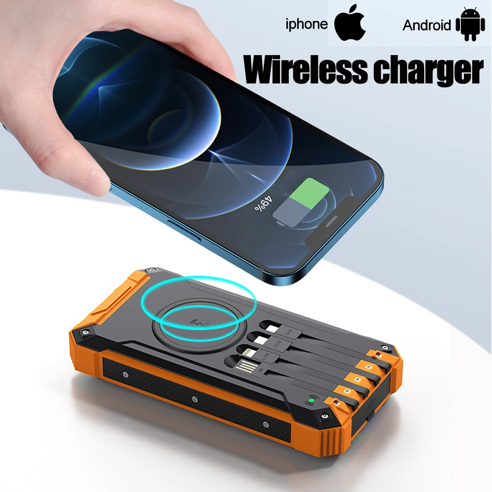 30000mAh Power Bank Solar Wireless Charger Built in Six Outputs Portable with Self-charging Cable for All Mobile Devices Camping