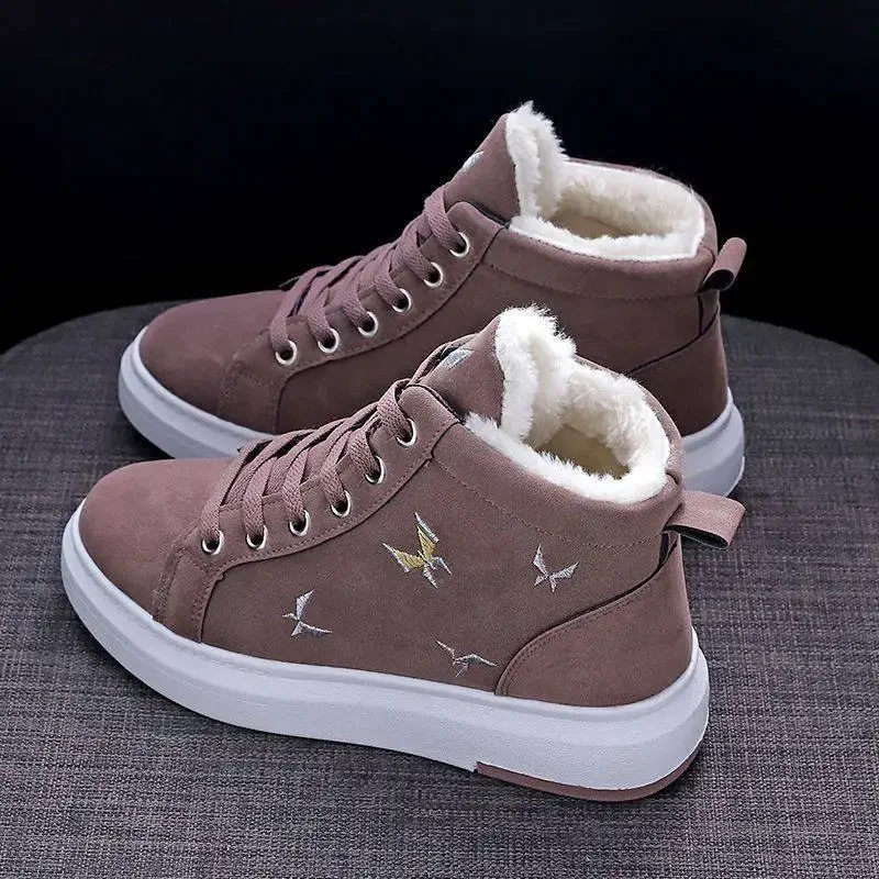 Trendy Women\'s Boots 2024 Winter New Solid Color Wedge Heel Warm Plush Sports Tie Short Tube Women\'s Vulcanized Zapatos Mujer