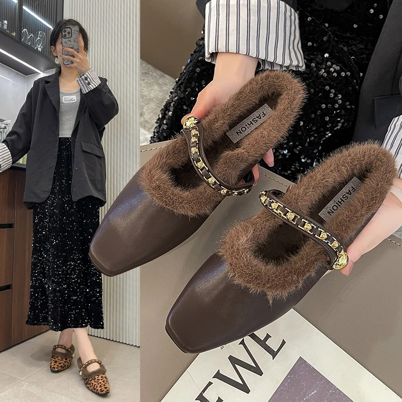 

2025 новые модные женские тапочки Baotou на плоской подошве с круглым носком и бархатной матовой отделкой, одинарная повседневная обувь, женские удобные лоферы