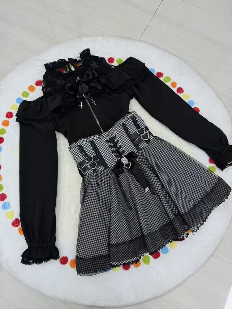 Süße elegante Kawaii schlanke schulterfreie Anzug Damen japanische schöne Spitze neue schwarze kurze Rock Anzug Mode Vintage Lolita Set
