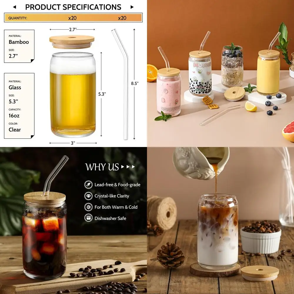 

Set of 20 Bamboo-Lidded Glass Cups with Straws - 16 oz Beer-Style Iced Coffee, Smoothie, Tea, Whiskey Tumblers