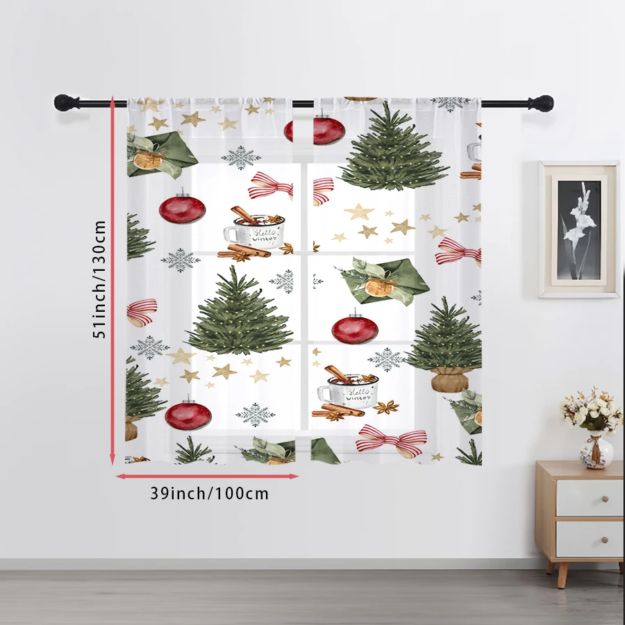 2PCS Sheer Curtains Watercolor Christmas Tree Ball Star Snow Print, Window Voile Panels for Bedroom Living Room Xmas Decor