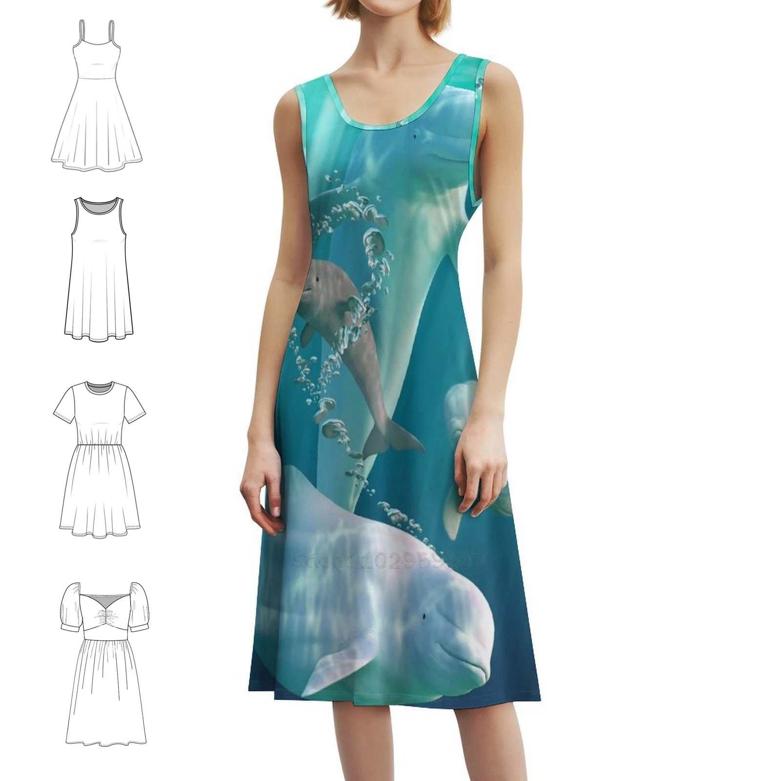

Платье в корейском стиле с пузырьками для женщин, элегантное повседневное платье для вечеринки или повседневной носки, кит, кит, животные, морская вечеринка
