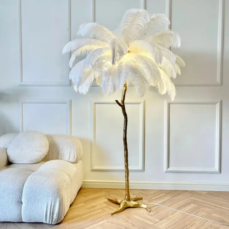 Nordic strusie pióro lampa podłogowa Led żywica miedź salon Home Decor lampa stojąca oświetlenie wewnętrzne lampka nocna do sypialni