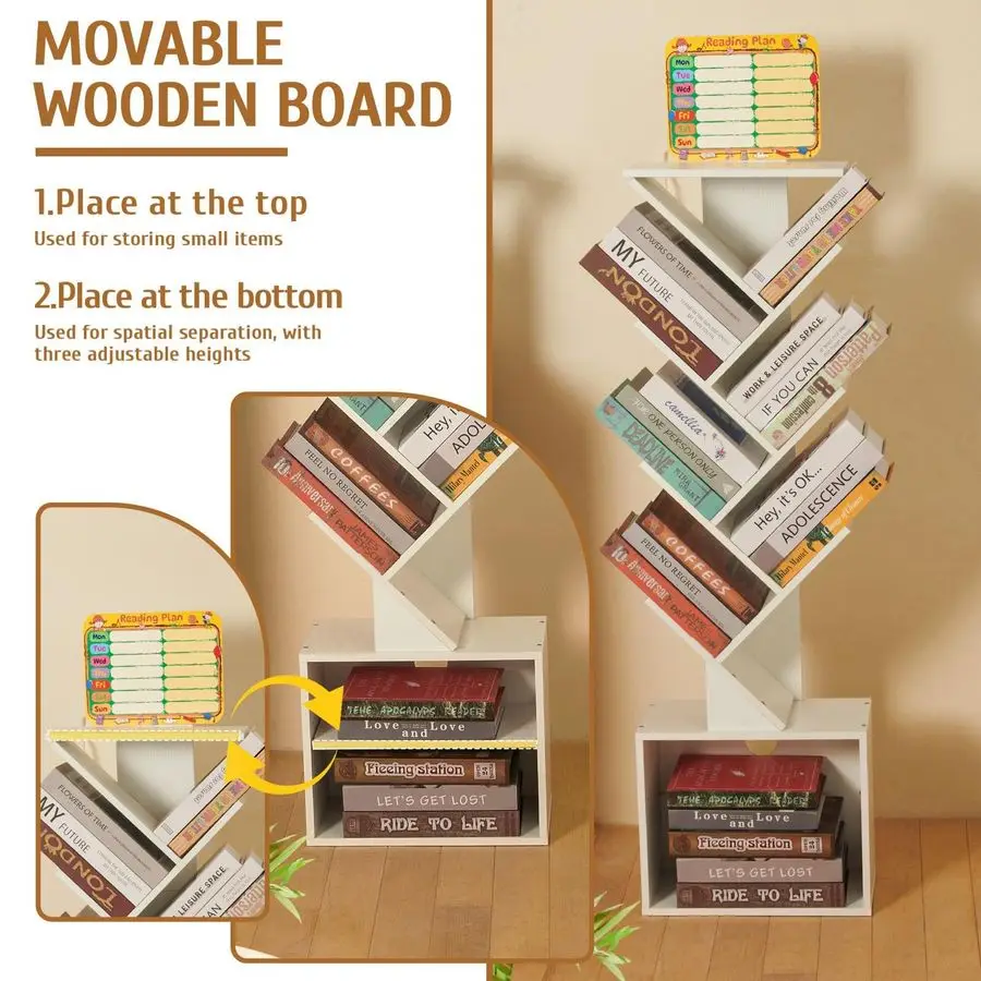 رف كتب على شكل شجرة من الطبقة، خزانة كتب صغيرة مع مخطط للقراءة ولوحة أنشطة، زاوية قائمة على الأرض حديثة، تخزين ضيق طويل القامة C