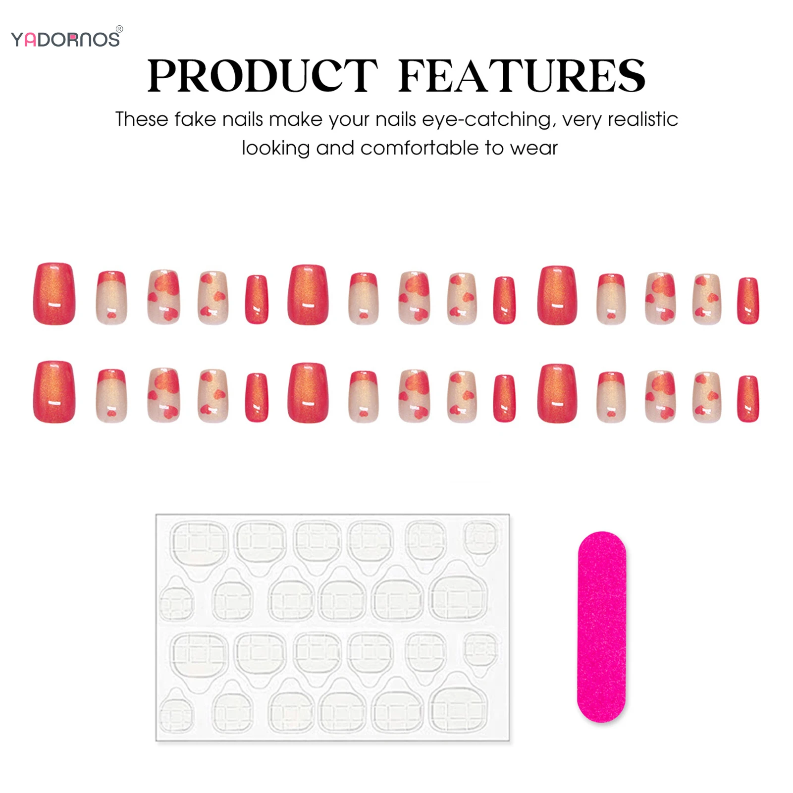 Unhas falsas francesas rosa brilhante, 30 peças, prensa quadrada curta em unhas, amor, coração, impresso, charme destacável, suprimentos para unhas de manicure