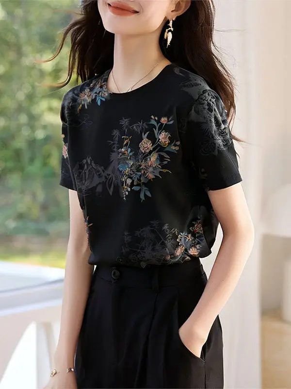 

Модная свободная женская футболка с принтом и коротким рукавом, лето 2026, новинка, уникальная красивая одежда в корейском стиле, полиэстер