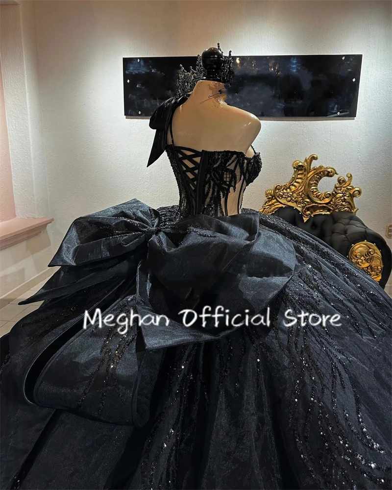 Mexico Black One Shoulder Sequin Quinceanera Dress Ball Gown Bead Applique 2024 Birthday Dress Bow Princess Gown Customized