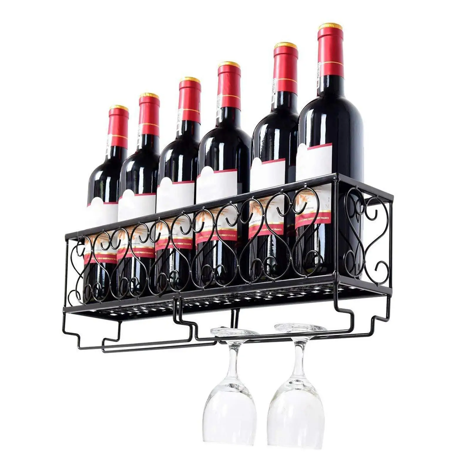Iron Wall Hanging Wine Rack Glass Hold Up to 6 Bottle Wine and 6 Cup Glasses Wall Shelf Home Kitchen Bar Decor 50x10x17cm