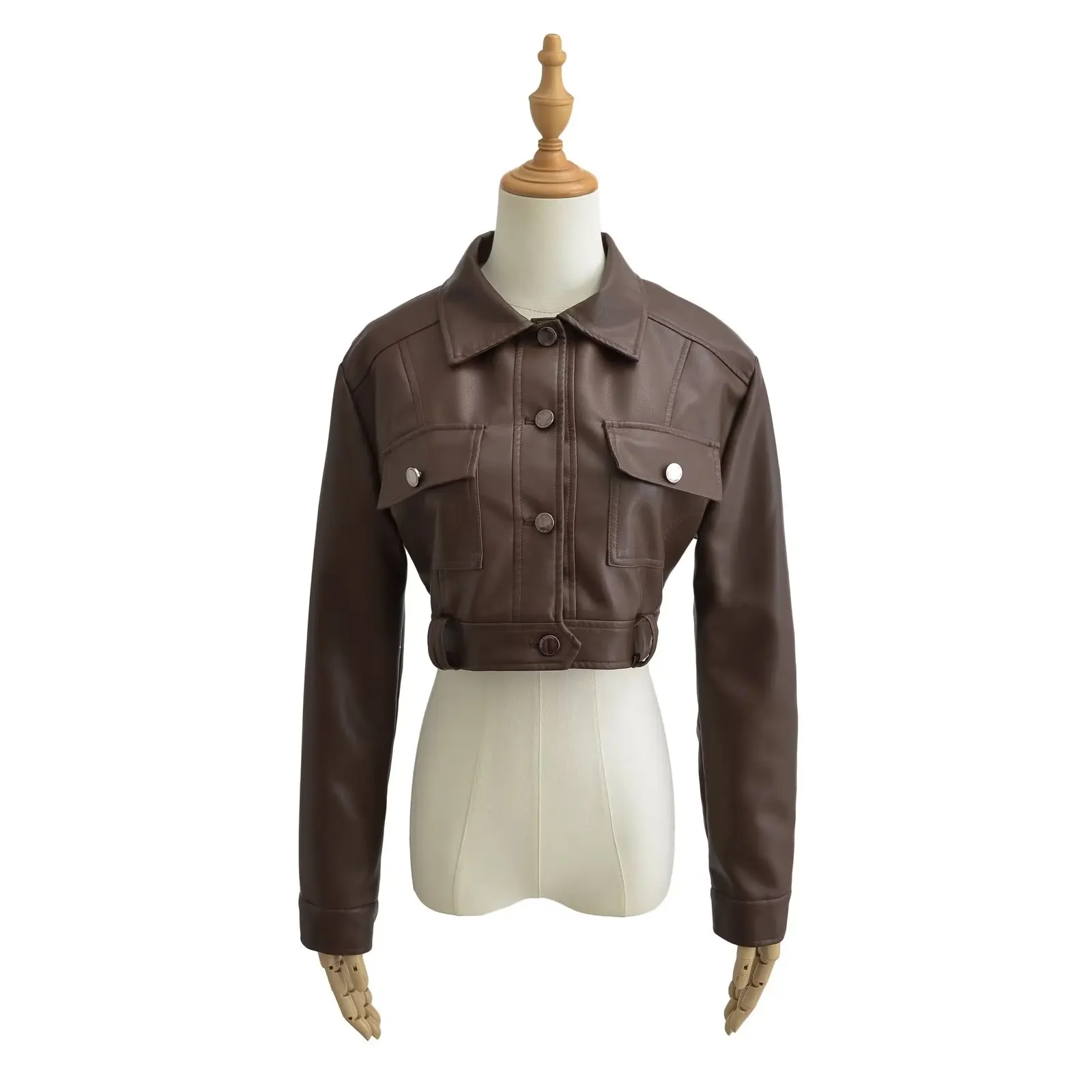 Chaqueta corta de cuero PU para mujer, abrigo de manga larga con botones de un solo pecho, color marrón y negro, estilo Safari, estilo Retro