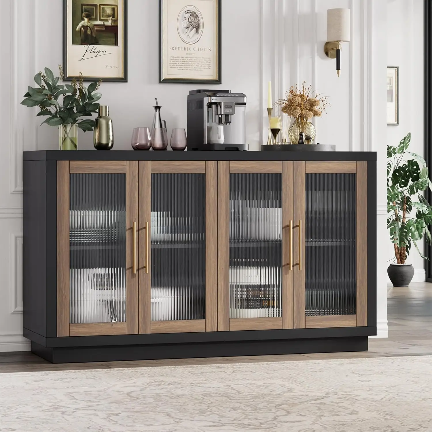 Mueble buffet con almacenamiento, aparador grande de 55,1 pulgadas, mueble de cocina aparador moderno con 4 cales de vidrio