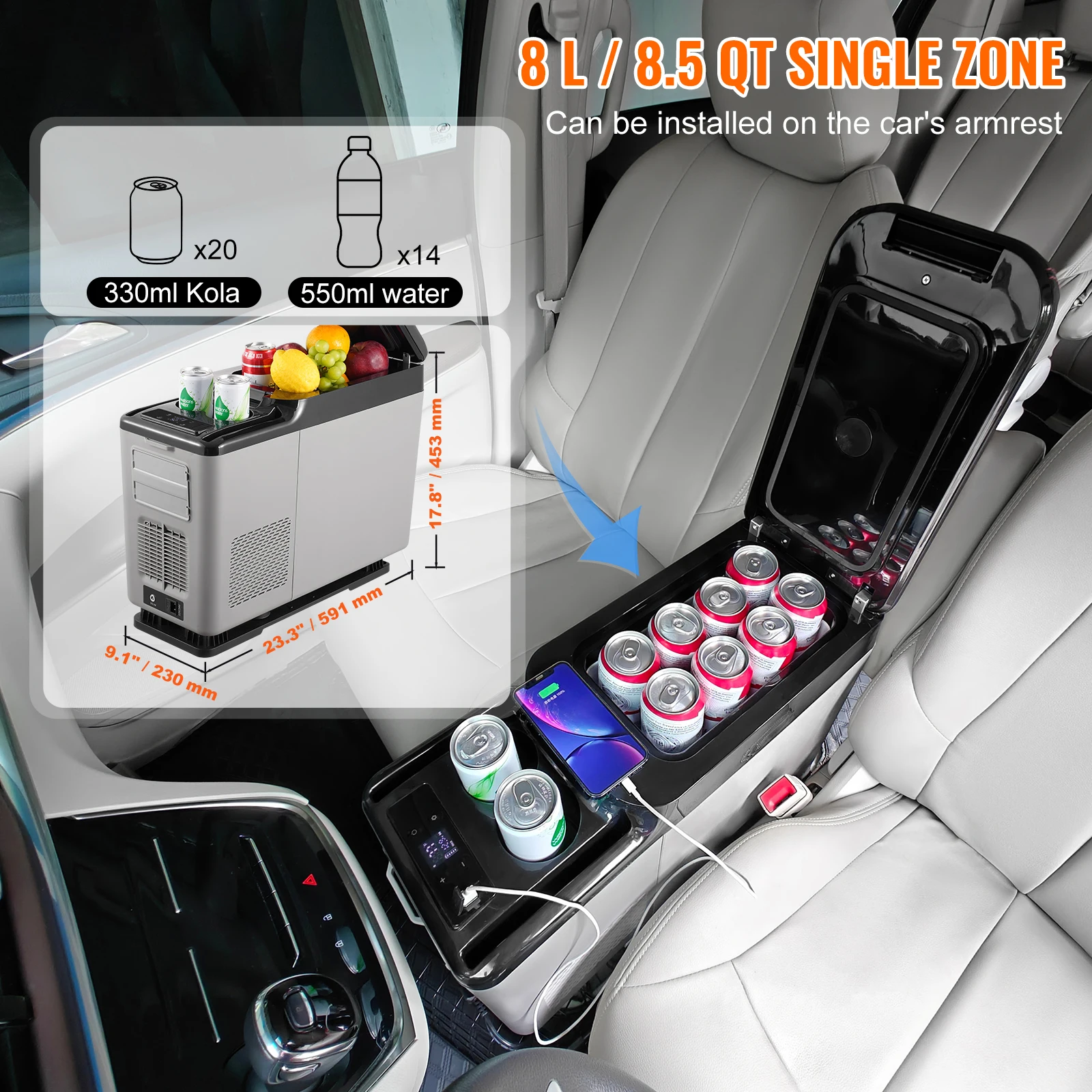 15L Car Armrest Refrigerator Single Zone 12V 24V DC Cooler Freezer Temperature Adjustable from -4℉ to 68℉
