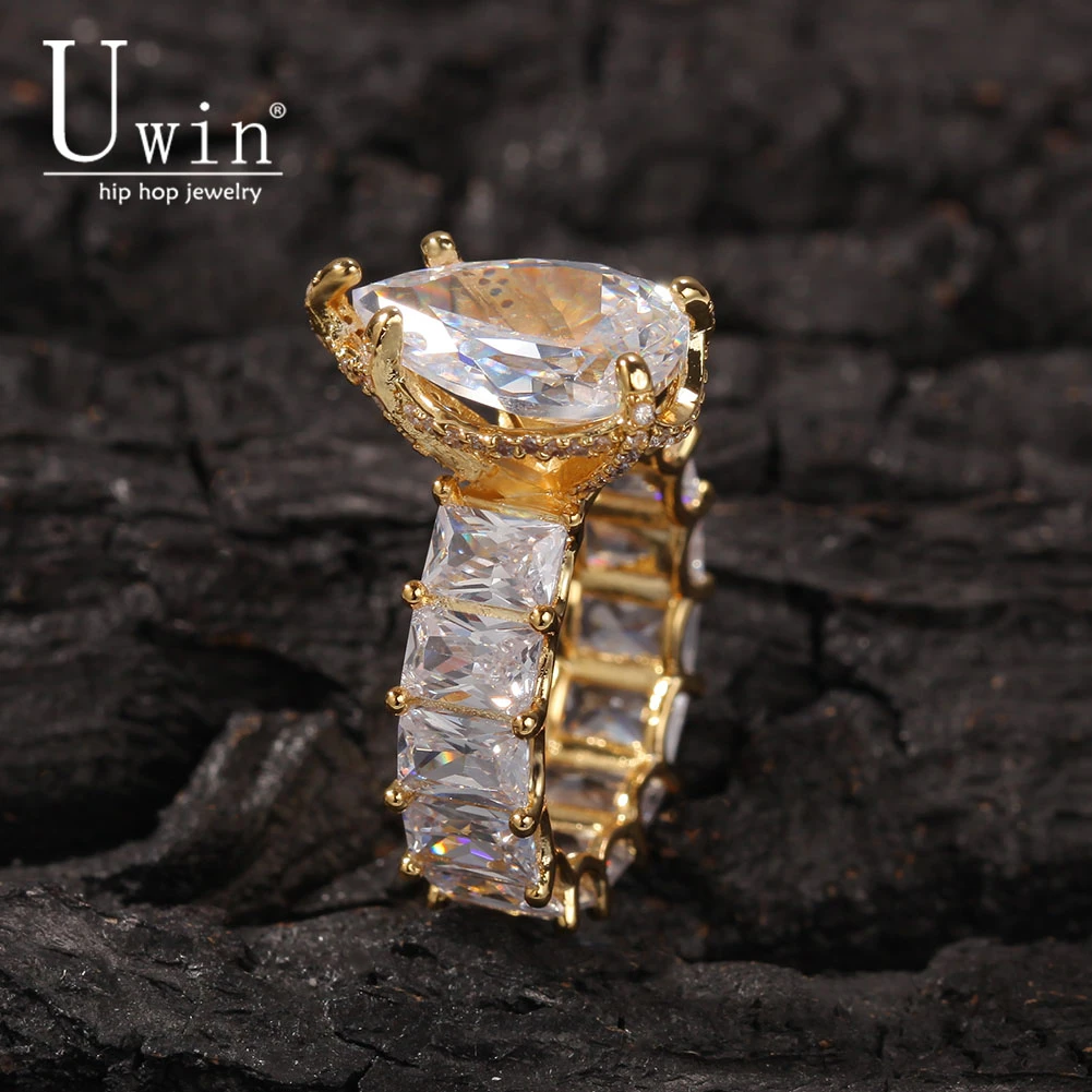 Uwin Big Water Drop Ring Baguetter CZ Pink Full Iced Out Ring Crystal Cubic Zirconia Luxury Women Accessories Jewelry