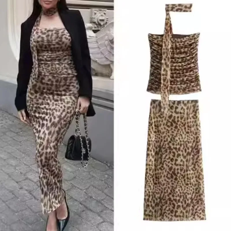 Animal Print Mesh Strapless Top Skirt Women's Set