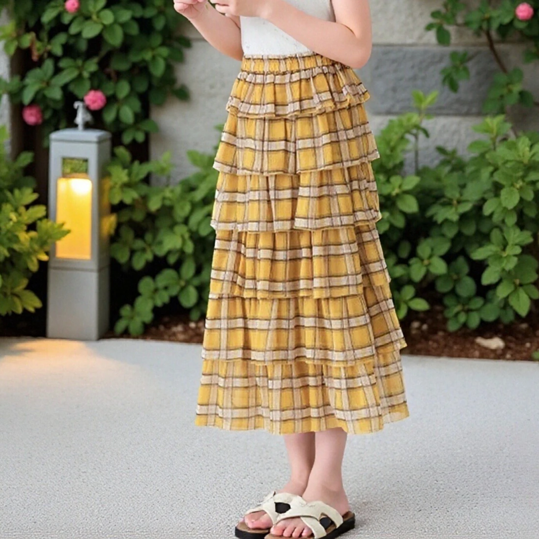 

Girls Yellow Plaid Tiered Maxi Skirt Ruffle Layered Chiffon Skirt for Kids Summer Casual & Holiday Wear Teen School Long Skirt