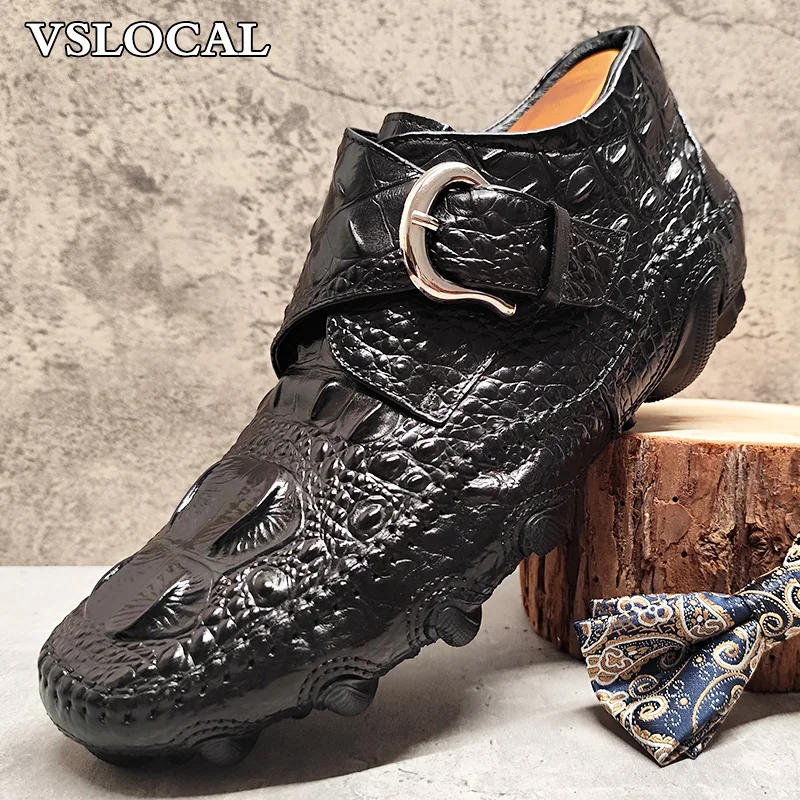 

Winter Men Genuine Leather Shoes Black Croco Print Buckle Strap Formal Dress Mens Casual Shoe Comfortable Warm Shoes Men