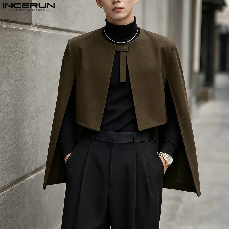 INCERUN Men Jackets Solid Color One Button Split Sleeveless Fashion Irregular Ponchos Cloak For Man Streetwear Casual Male Coats