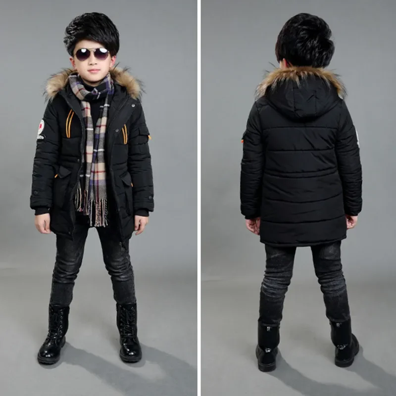 

Boys Clothing 3-12Y Winter Coat Thickened Long Warm Padded Jacket Hooded Jacket Fur Collar Mid-length Boys Padded Jacket