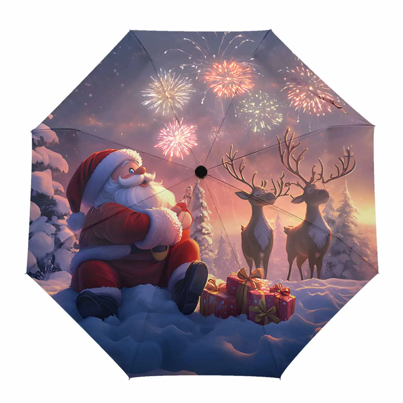 Christmas Old Man Reindeer Fully-automatic Umbrella for Outdoor Kids Adults Printed Umbrella Foldable Eight Strand Umbrella