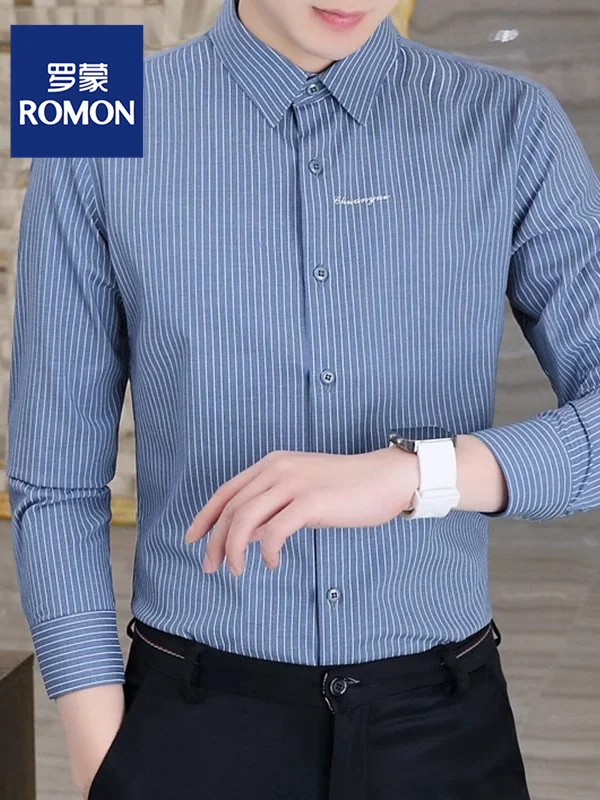 

Romon Men's Slim Fit Long Sleeve Shirt Casual Stripe Pattern Breathable Bamboo Fiber Spring Autumn New Style Business Gentleman