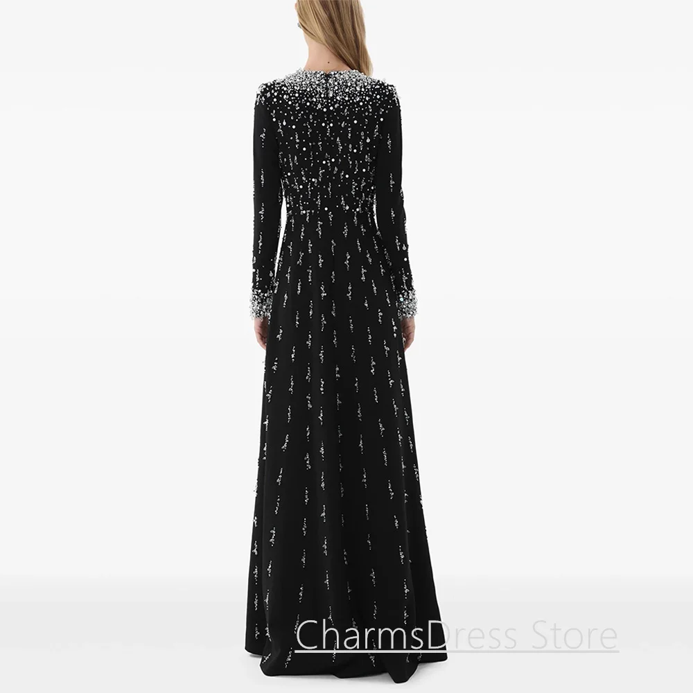 Luxury Black Evening Dress Customized Round Neck Full Sleeves Heavy Beading Crystal Arabian Prom Gown Dubai Party Dresses