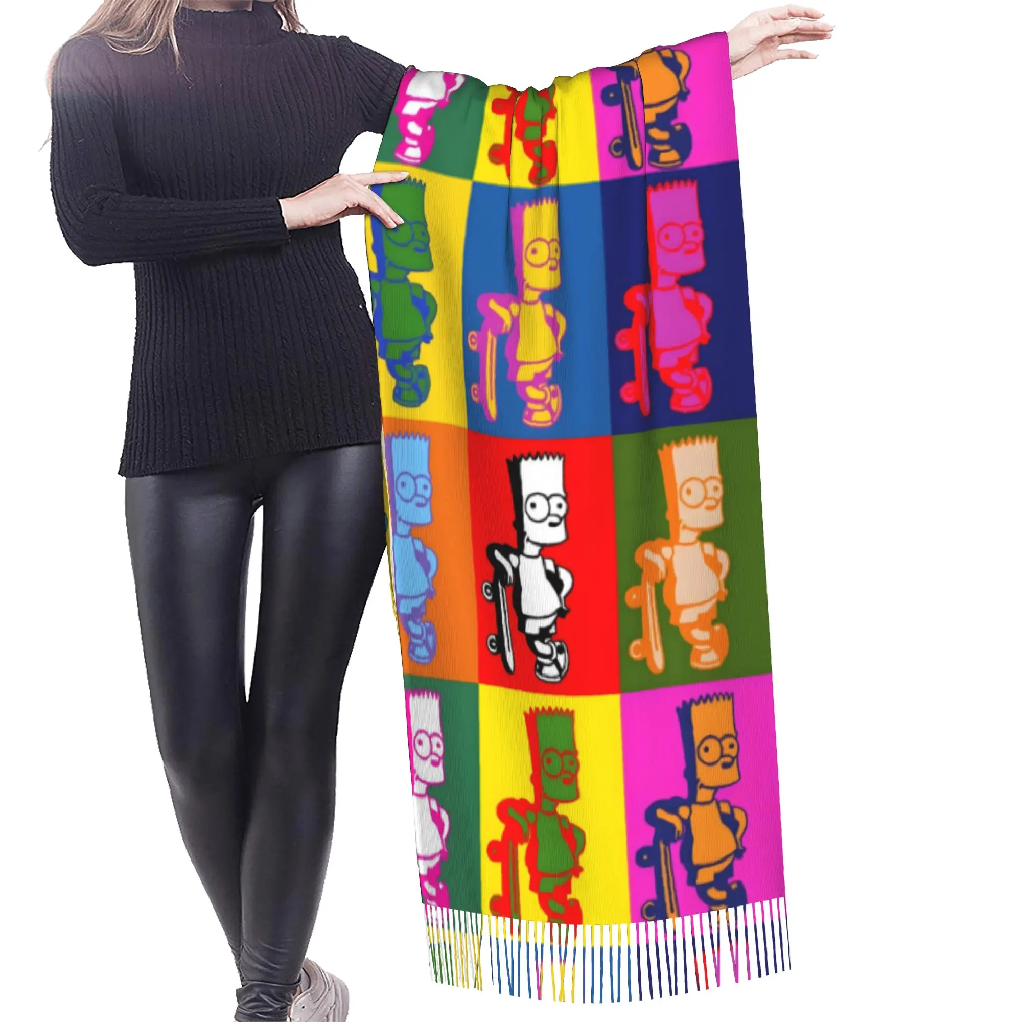Custom Ladies Long S-Simpsonsed Anime Scarves Women Winter Fall Soft Warm Tassel Shawl Wrap Homer Cartoon Scarf