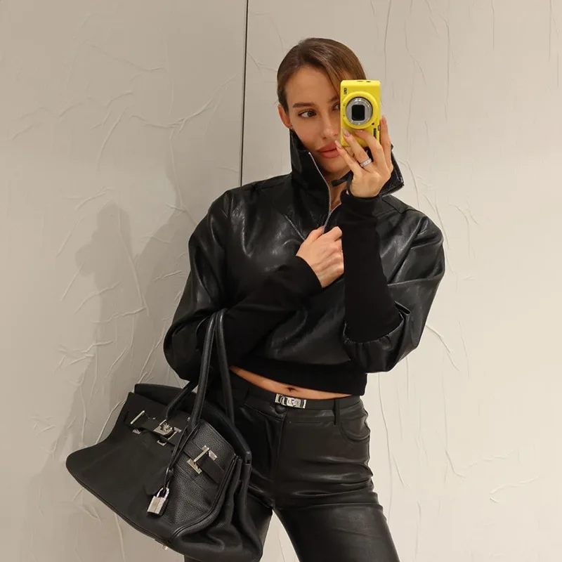 

New European and American Style2025Winter New Style Short Patchwork Sweatshirt Solid ColorpuZipper Style Top